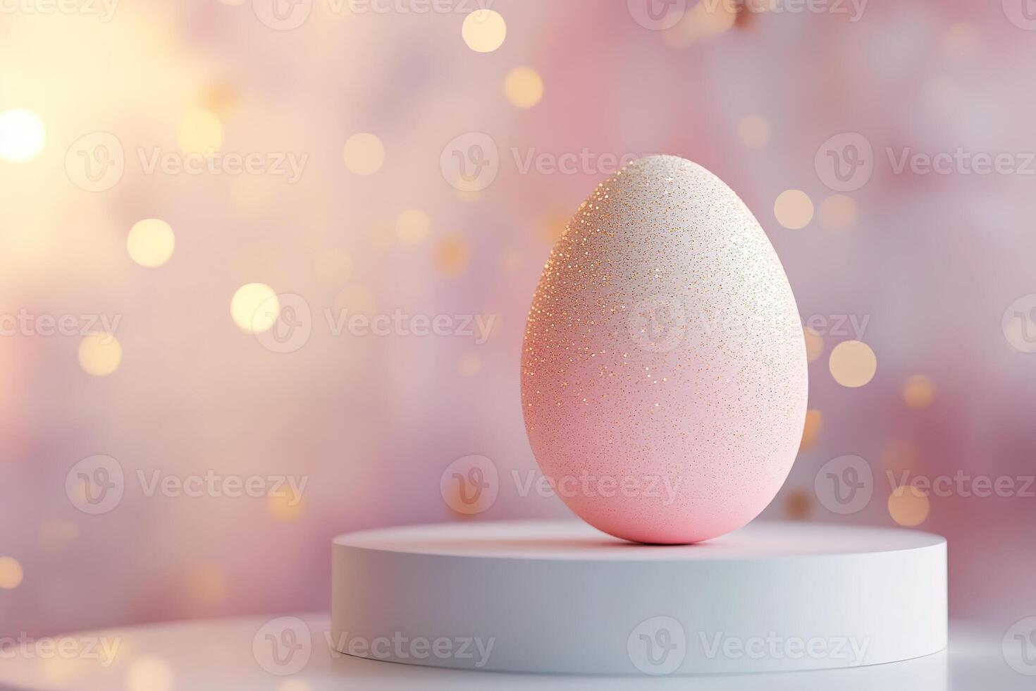 Easter design composition of close-up pastel pink egg with golden particles stands on white pedestal with blurred bokeh background with copy space photo