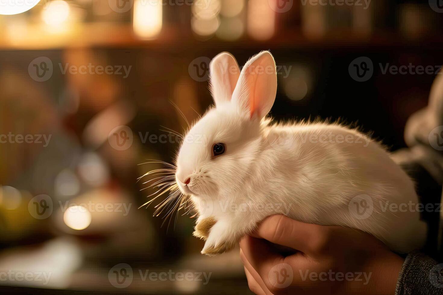 close up hands holding cute fluffy white rabbit indoors photo
