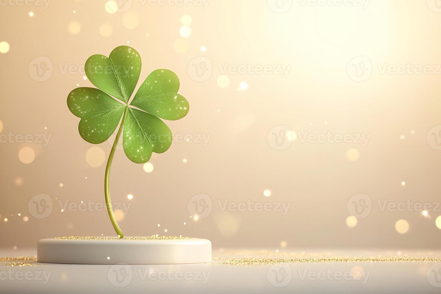 st patrick day card with close-up green four leaf clover standing upright on white platform on golden sparkles bokeh background with copy space photo