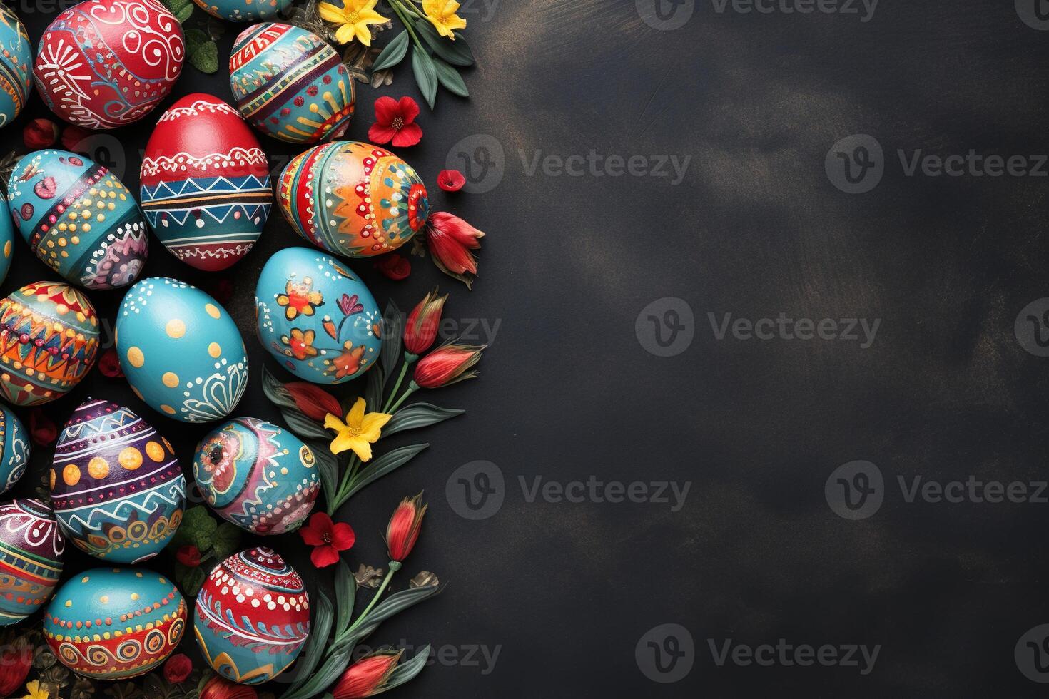 beautiful spring composition top view many colorful easter decorated eggs with flowers on dark grey concrete background with copy space photo