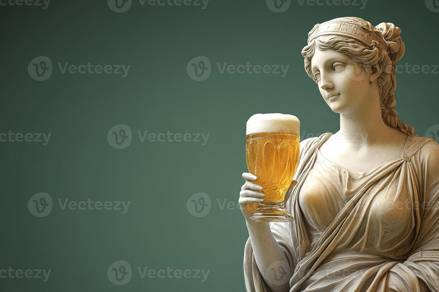 roman antique statue of woman with glass of cold refreshing beer on green background with copy space photo