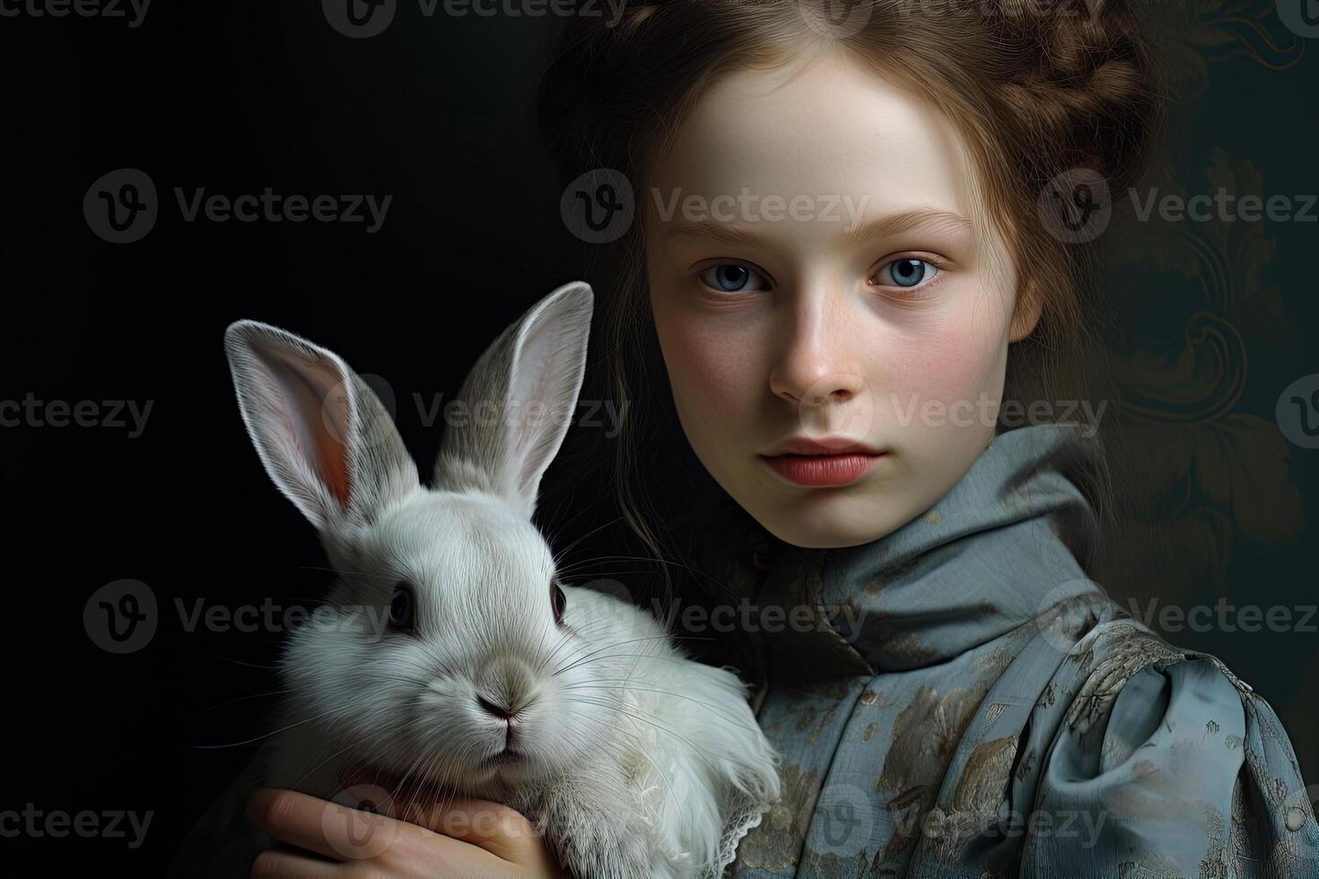 portrait of girl with grey fluffy rabbit on dark background photo