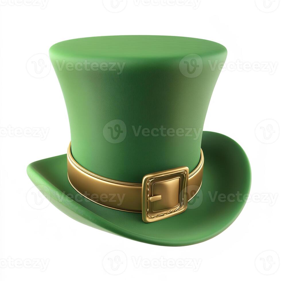 cute 3D style cartoon illustration of st. Patrick day stylized green top hat with a golden buckle, isolated on white background photo