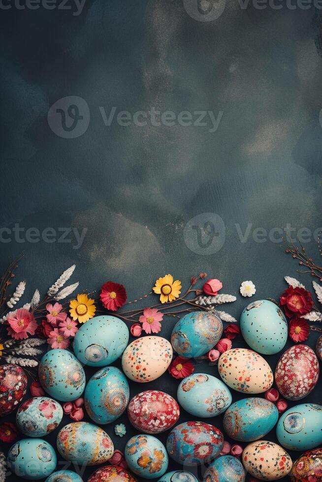 vertical easter composition top view many colorful eggs with flowers on dark grey concrete background with copy space photo