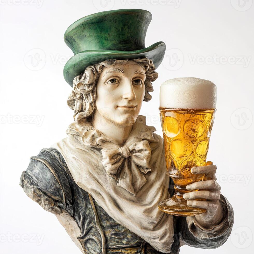 close-up bust of old statue of man wearing green top hat and holding glass of beer isolated on white background photo