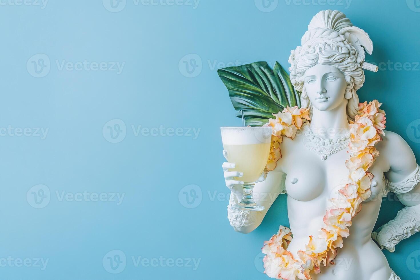 summertime card with antique roman female god statue in Hawaiian flower garland holds tasty refreshing cocktail on blue background with copy space photo