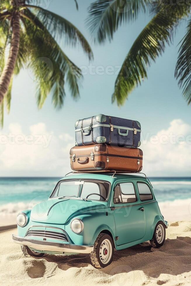 vertical vacation traveling concept red retro toy car with suitcase on roof standing against backdrop of summer sea beach with palm trees with copy space photo