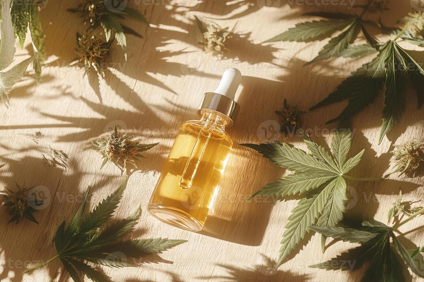 close-up top view image glass dropper bottle with natural organic hemp oil surrounded by marijuana cannabis buds and leaves on wooden table with bright sunlight photo