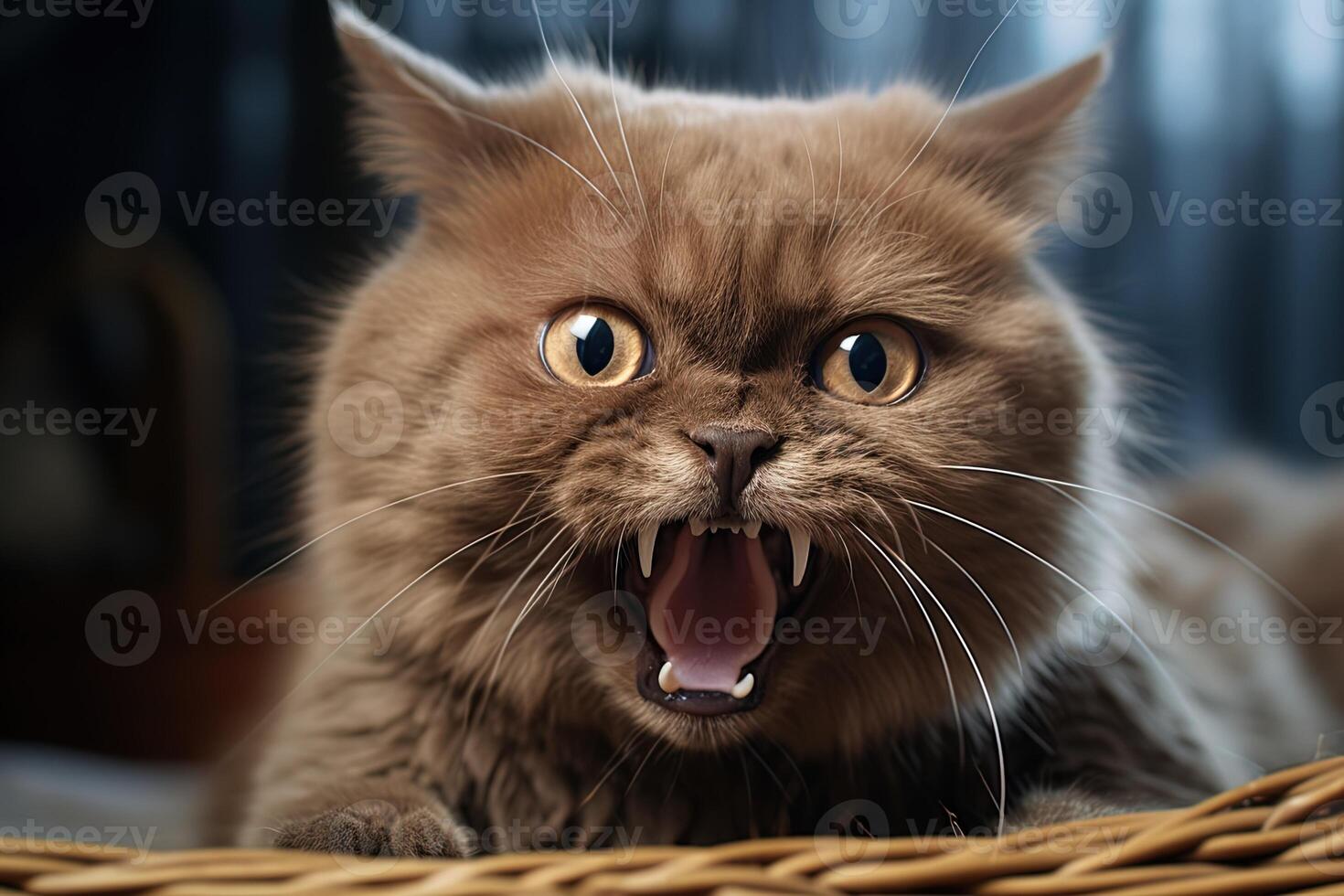 close-up of an aggressive gray cat hisses angrily photo
