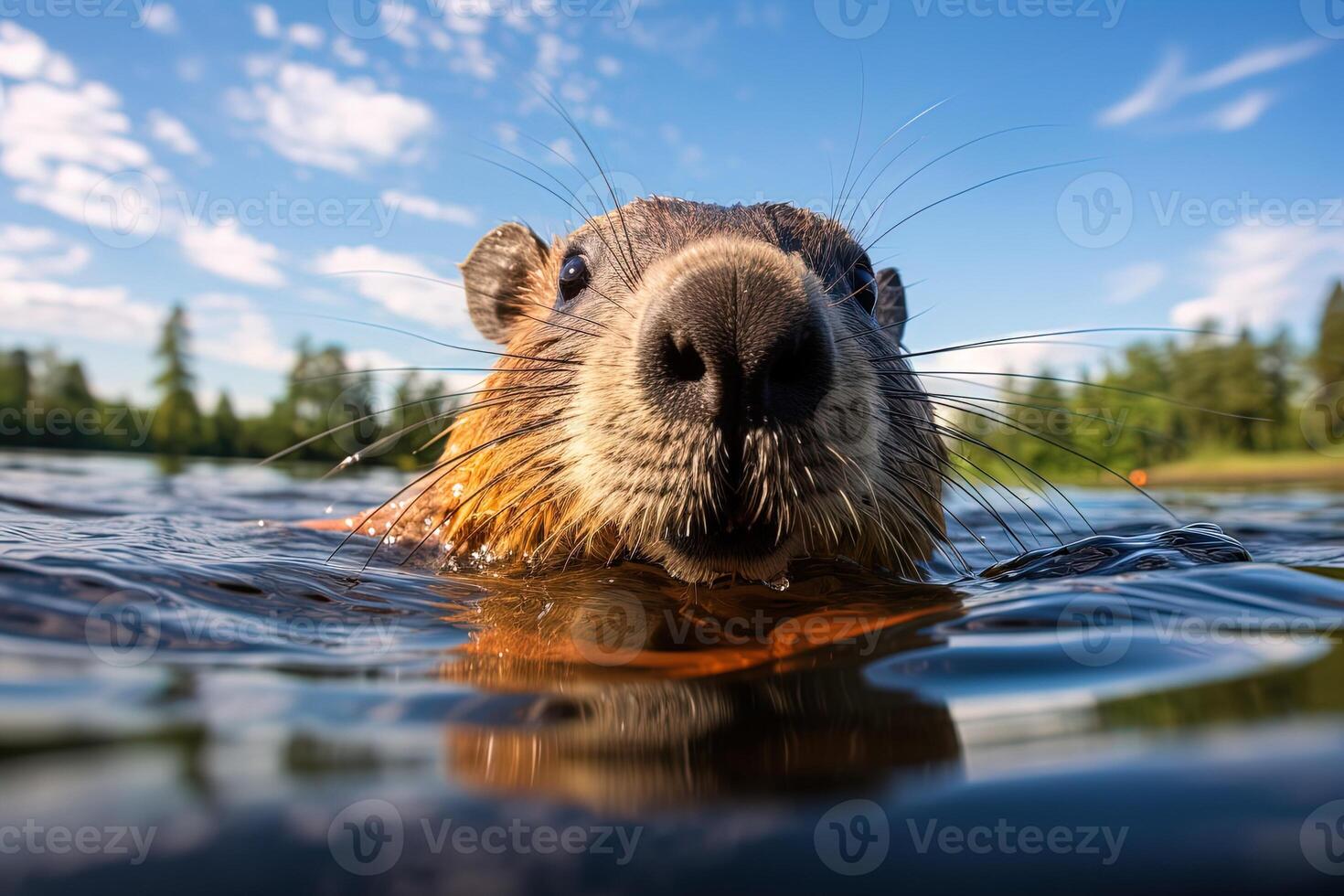 close-up of a capybara swimming in the water in a pond on a sunny day photo