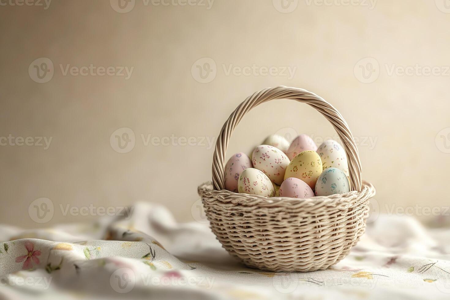 easter composition small woven basket filled with decorated eggs, placed on textile with subtle floral patterns on light beige background photo