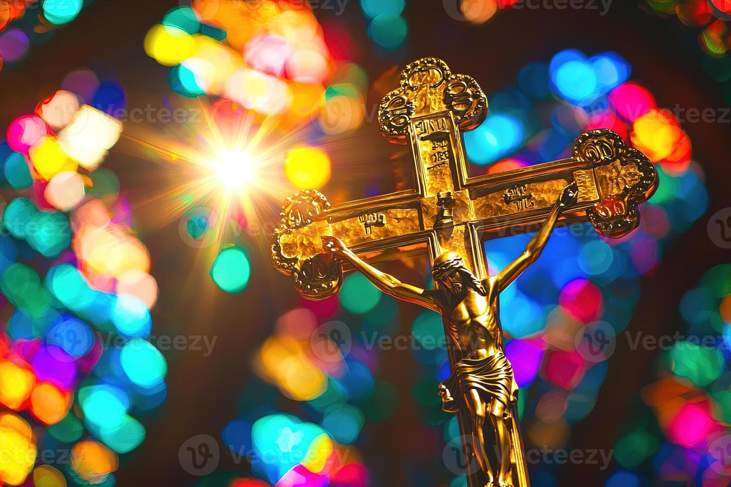golden crucifix in close-up, surrounded by colorful stained glass reflections, vibrant lighting highlighting the intricate design for a bright and dynamic composition photo