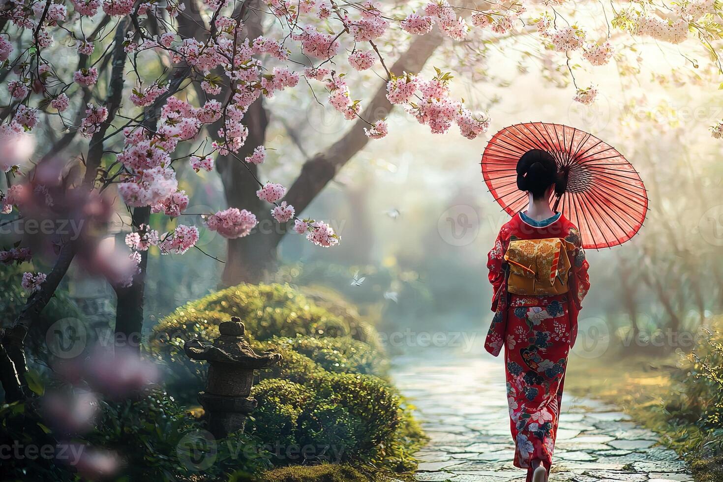 view from the back of a geisha in kimono with an umbrella walking along a path in a blooming spring park with pink sakura cherry tree photo