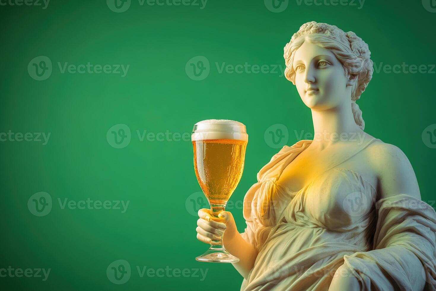 roman antique female statue holding glass of tasty fresh beer on green background with copy space photo