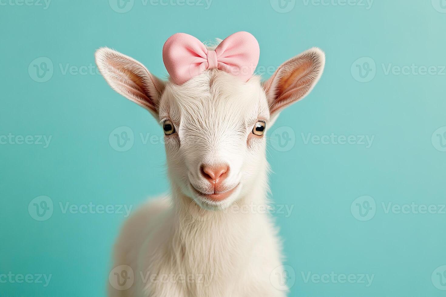 portrait lovely white baby goat wearing a pink bow on head on a light teal background photo