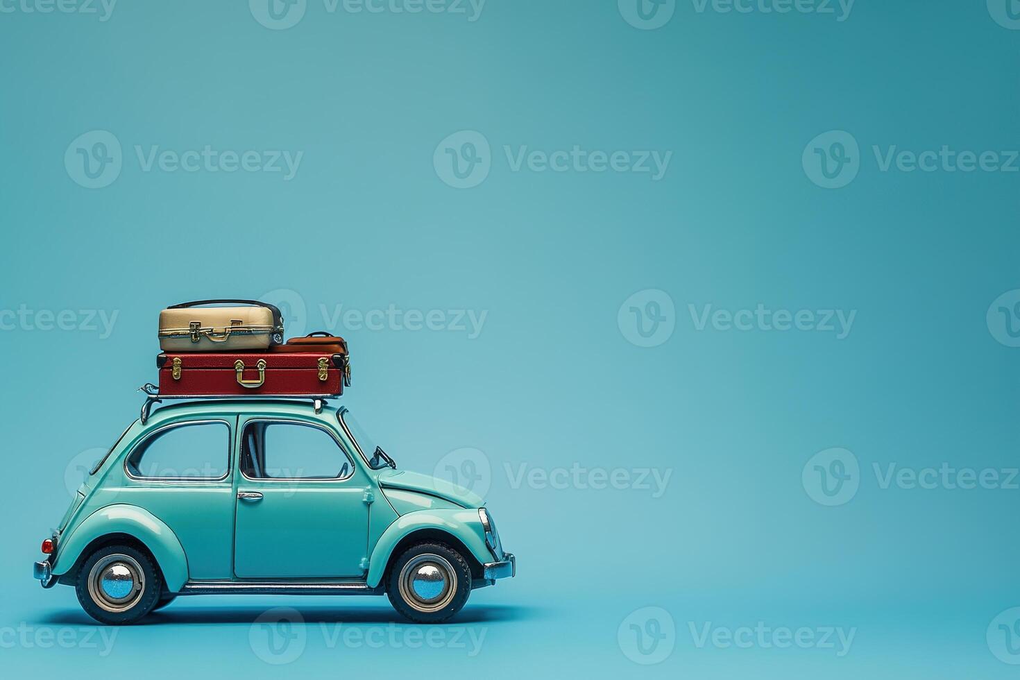 close-up little retro toy car with luggage surrounded by green palm leaves on blue background with copy space summer vacation traveling concept photo