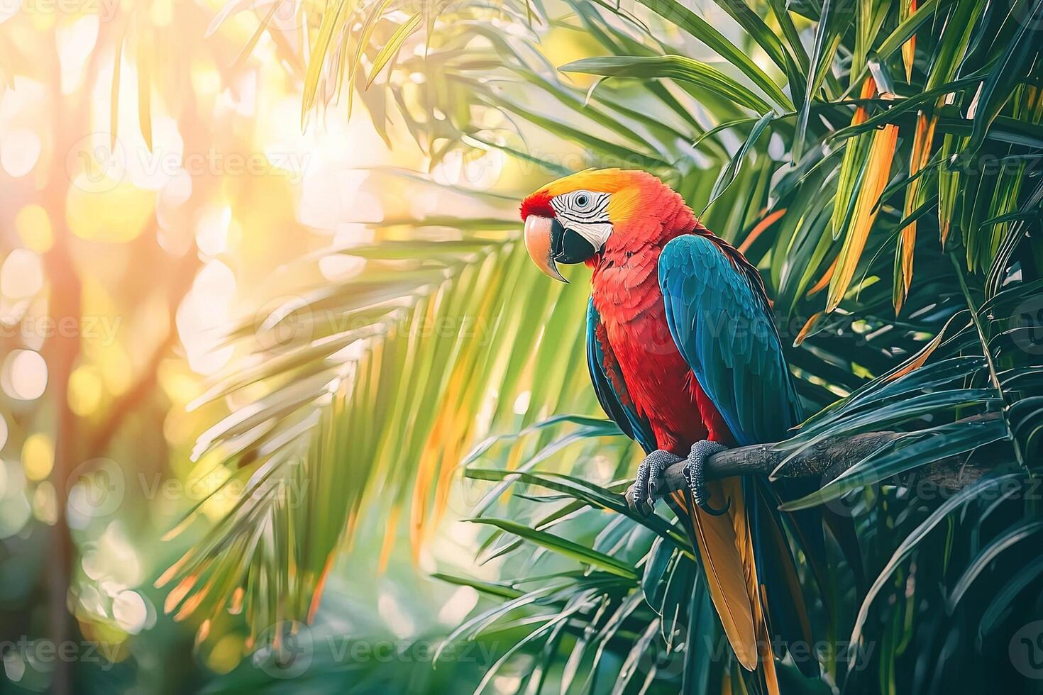 colorful bird macaw parrot perched on a tropical tree, surrounding palm leaves and lush greenery with bright sunlight photo