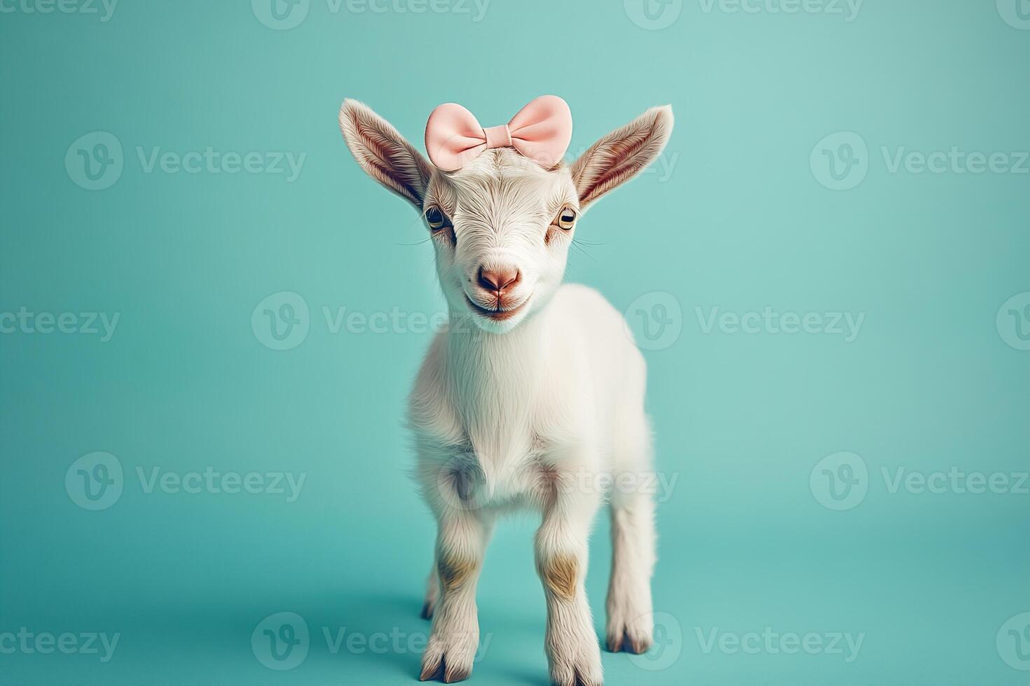 cute white baby goat wearing a pink bow on its head standing on a soft teal background photo