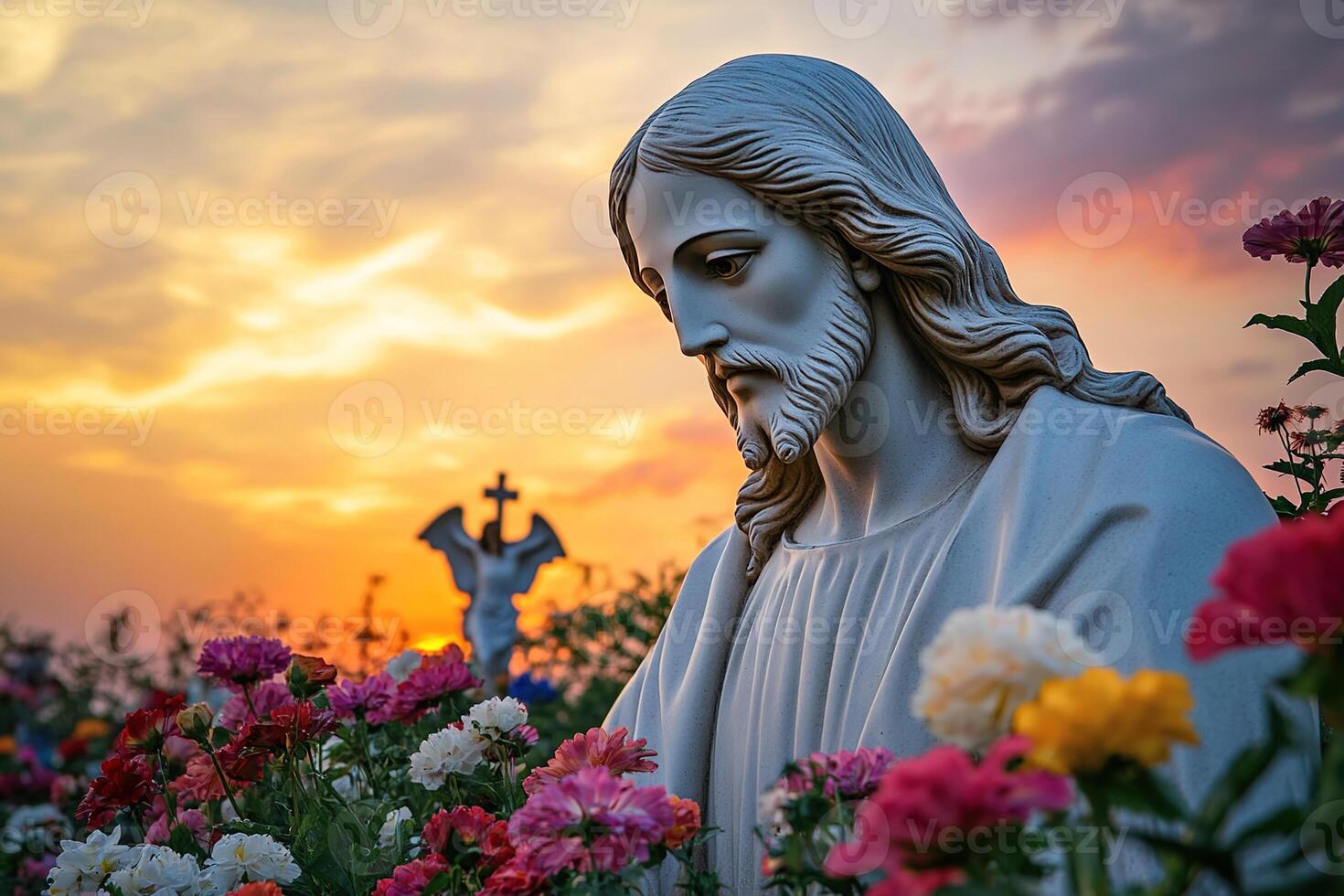 religious card close-up Jesus Christ sculpture on cemetery with different colorful flowers against a sunset or sunrise sky photo