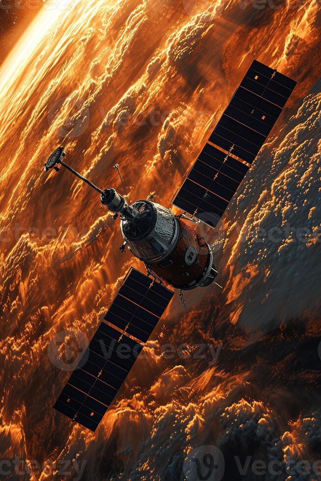 vertical image space satellite shuttle is flying through the sky above the Earth with warm lighting photo