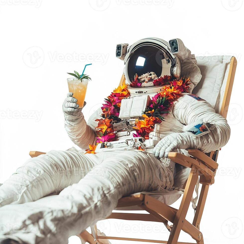 astronaut in colorful hawaiian flower garland on neck relaxing on a beach chair with glass of cocktail isolated on white background photo