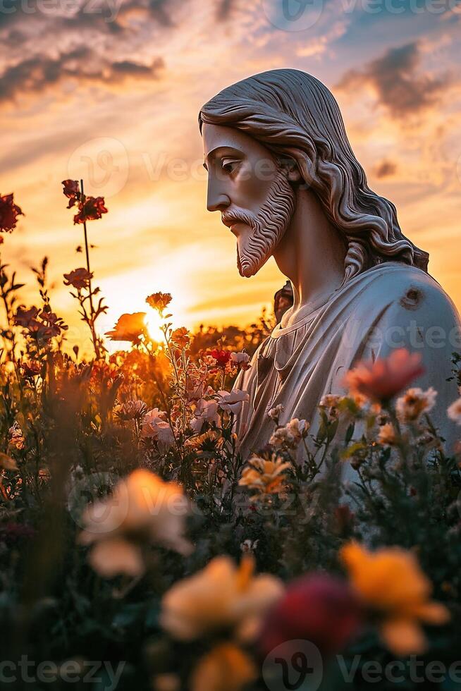 vertical religious card close-up Jesus Christ sculpture surrounded by different colorful flowers against a sunset or sunrise sky photo