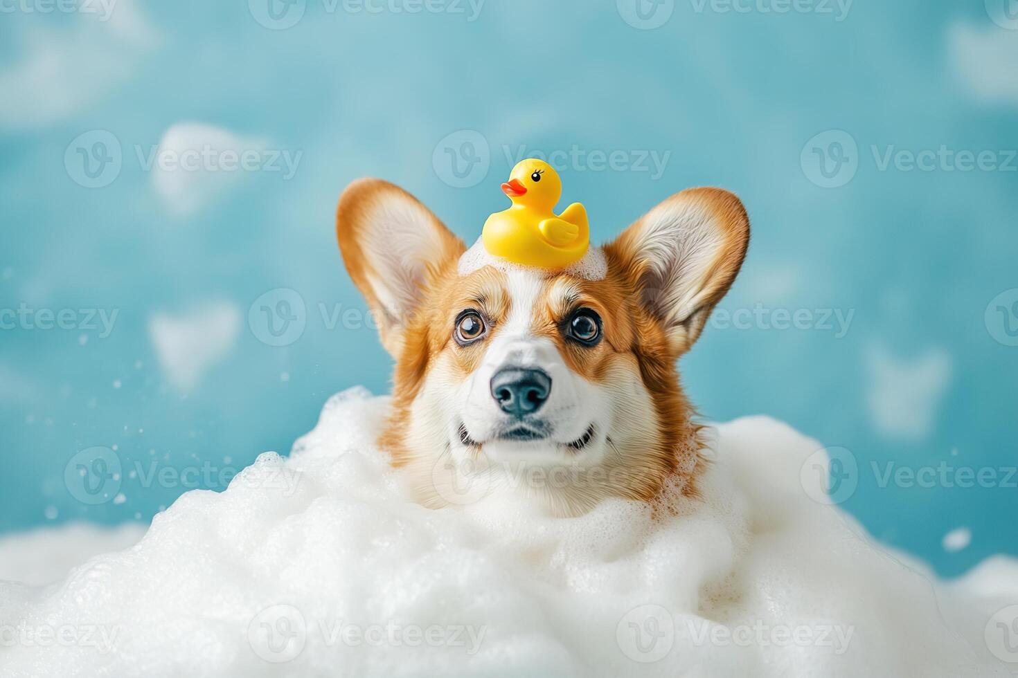 portrait cute dog corgi with little yellow rubber toy bath duck on head surrounded by white soap foam on clean blue background photo