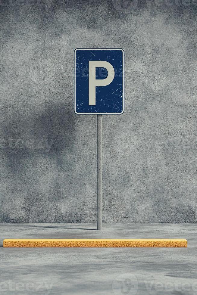 vertical image single parking sign with a blue and white design, placed on a clean gray pavement, surrounded by subtle yellow line photo