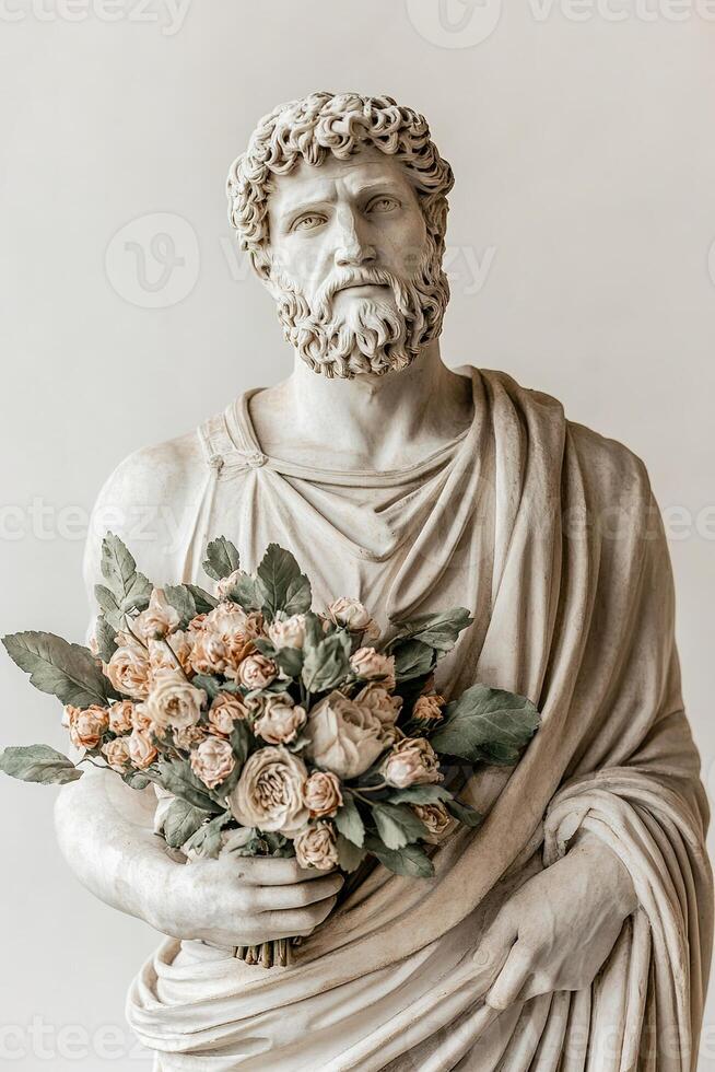 vertical image antique roman god statue with beard with bouquet of flowers on neutral background photo