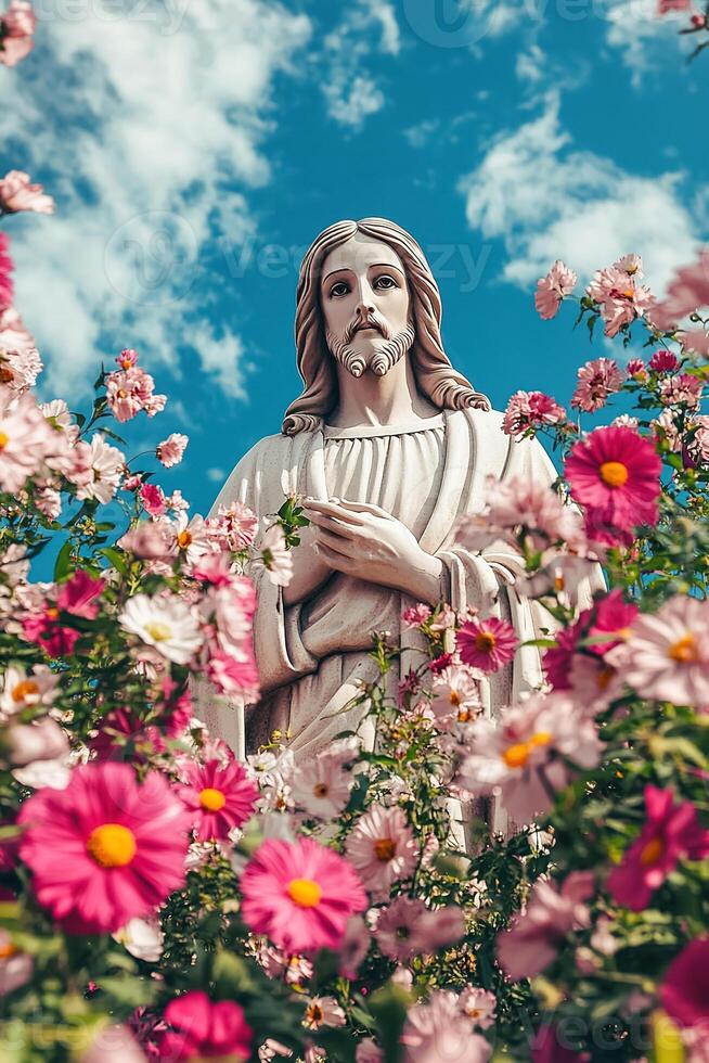 vertical image Jesus Christ praying surrounded by beautiful pink flowers on clean blue sky background photo