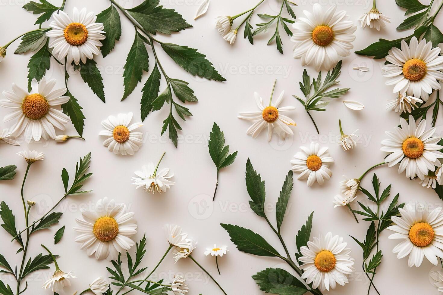 beautiful floral card with delicate daisies flowers and green leaves on white background top view photo