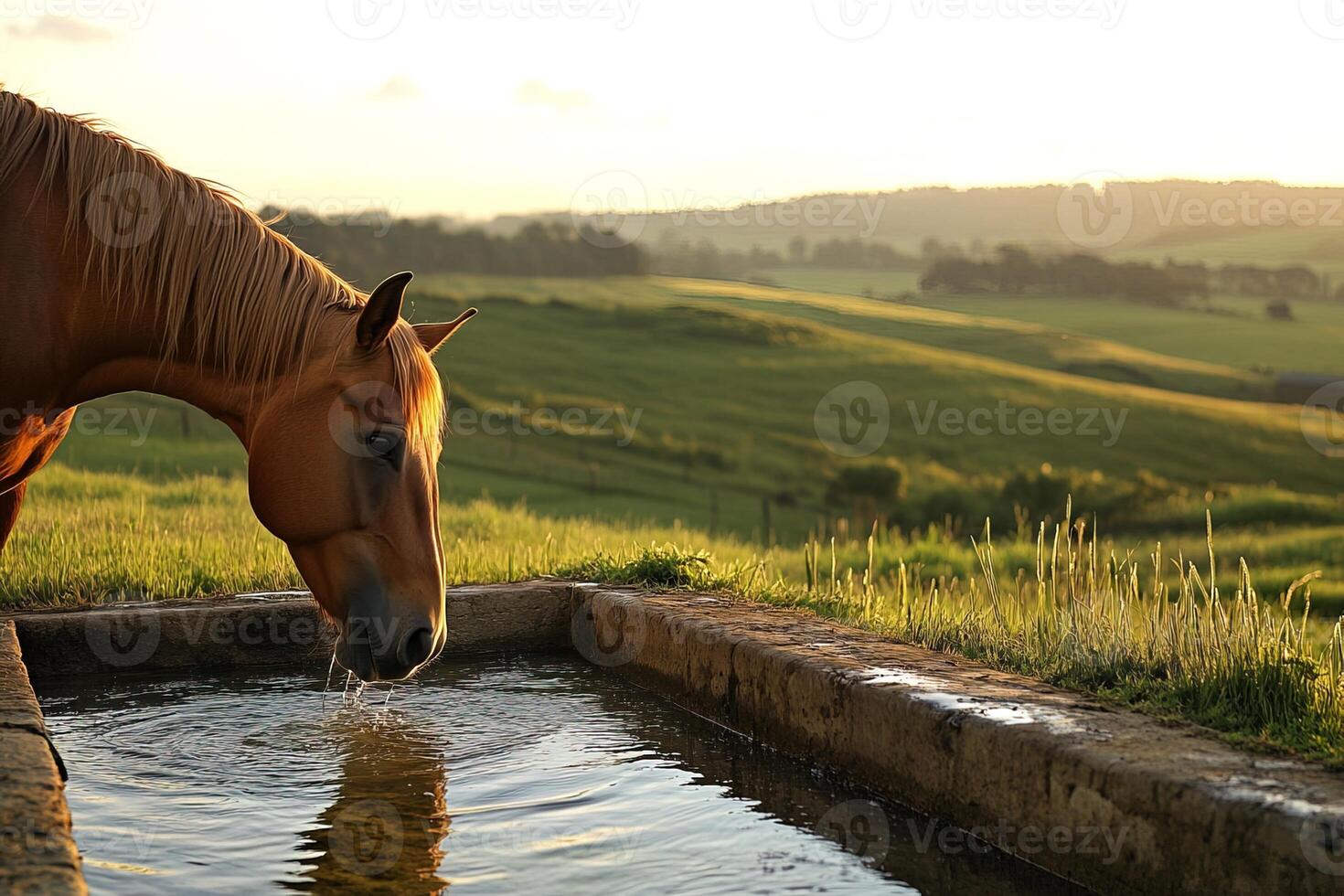 a brown horse drinks water from a drinking bowl against a background of a green field in the early morning photo