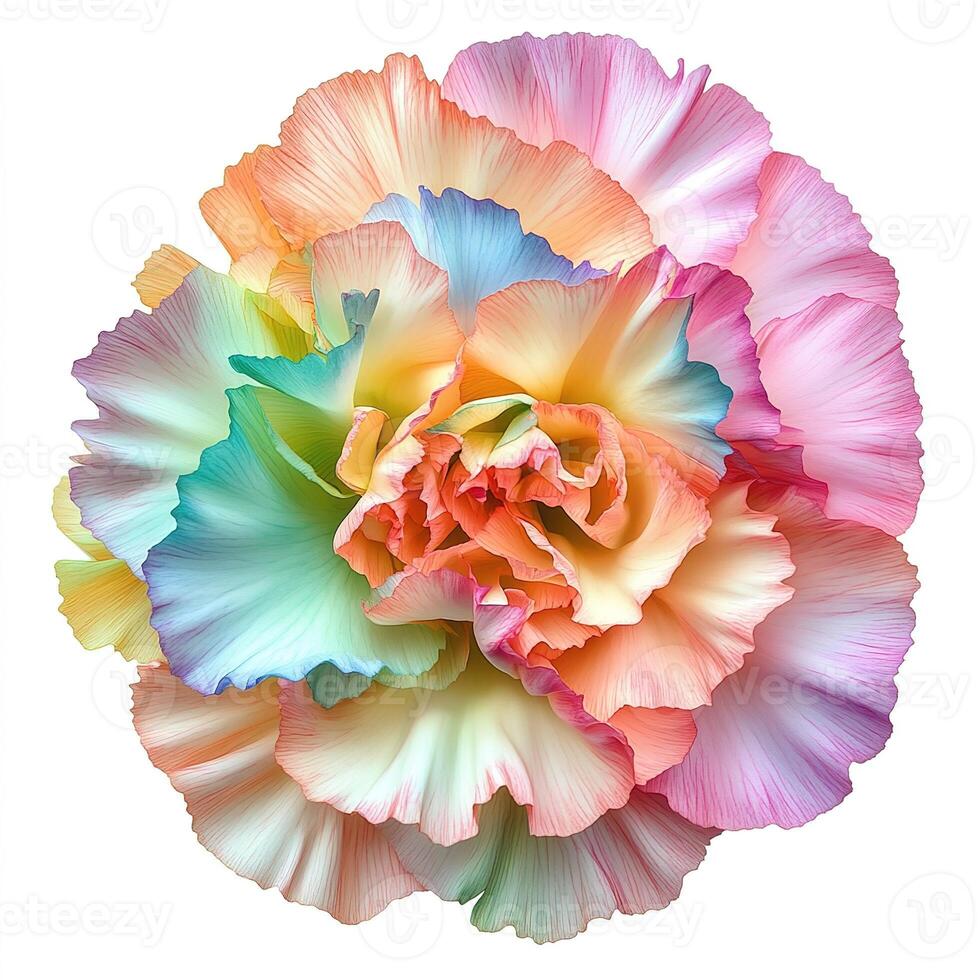 top view bud of multicolored carnation flower with soft ruffled petals isolated on a white background photo
