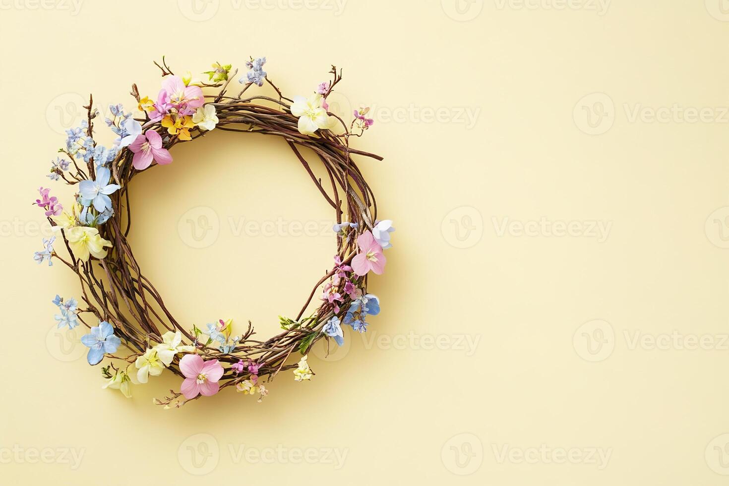 top view beautiful spring composition delicate floral wreath made of twigs and pastel flowers on a pale yellow background with copy space photo