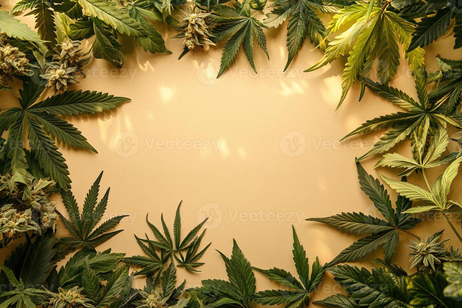 composition of many green cannabis marijuana leaves border frame on beige color background with copy space in center photo