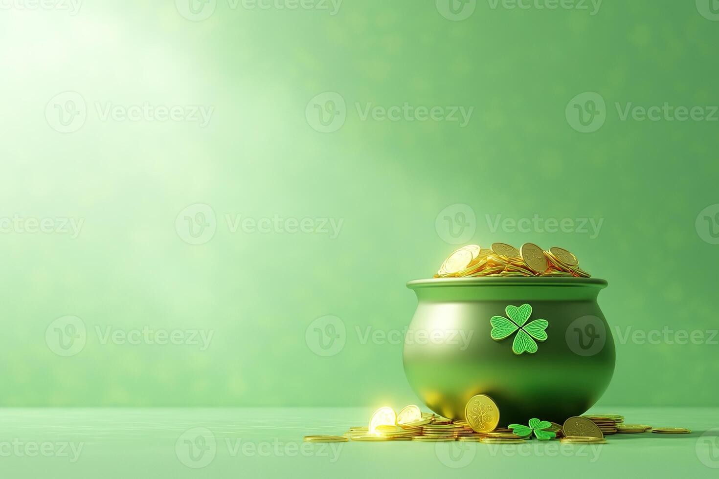 st patricks day composition simple pot of golden coins, placed on light green background with copy space photo