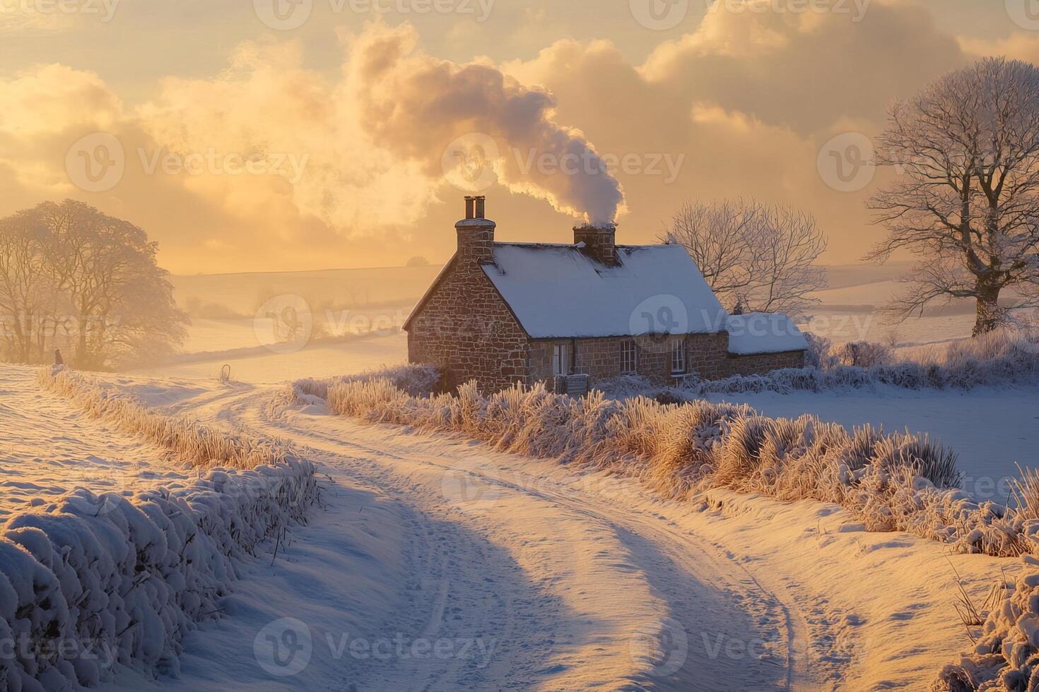 cozy rural cabin with smoke coming from chimney, in snow-covered field and winding path with soft sunset lighting photo