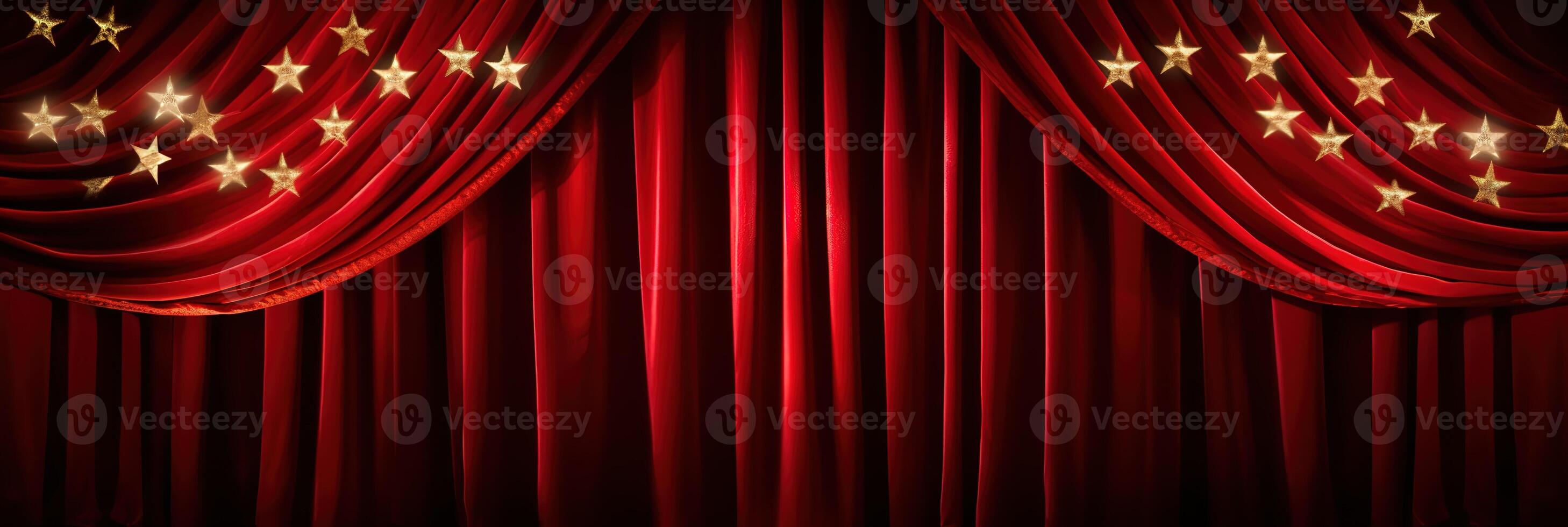 banner of empty scene with classic red curtain with many small golden shiny stars on stage of theater or cinema background photo