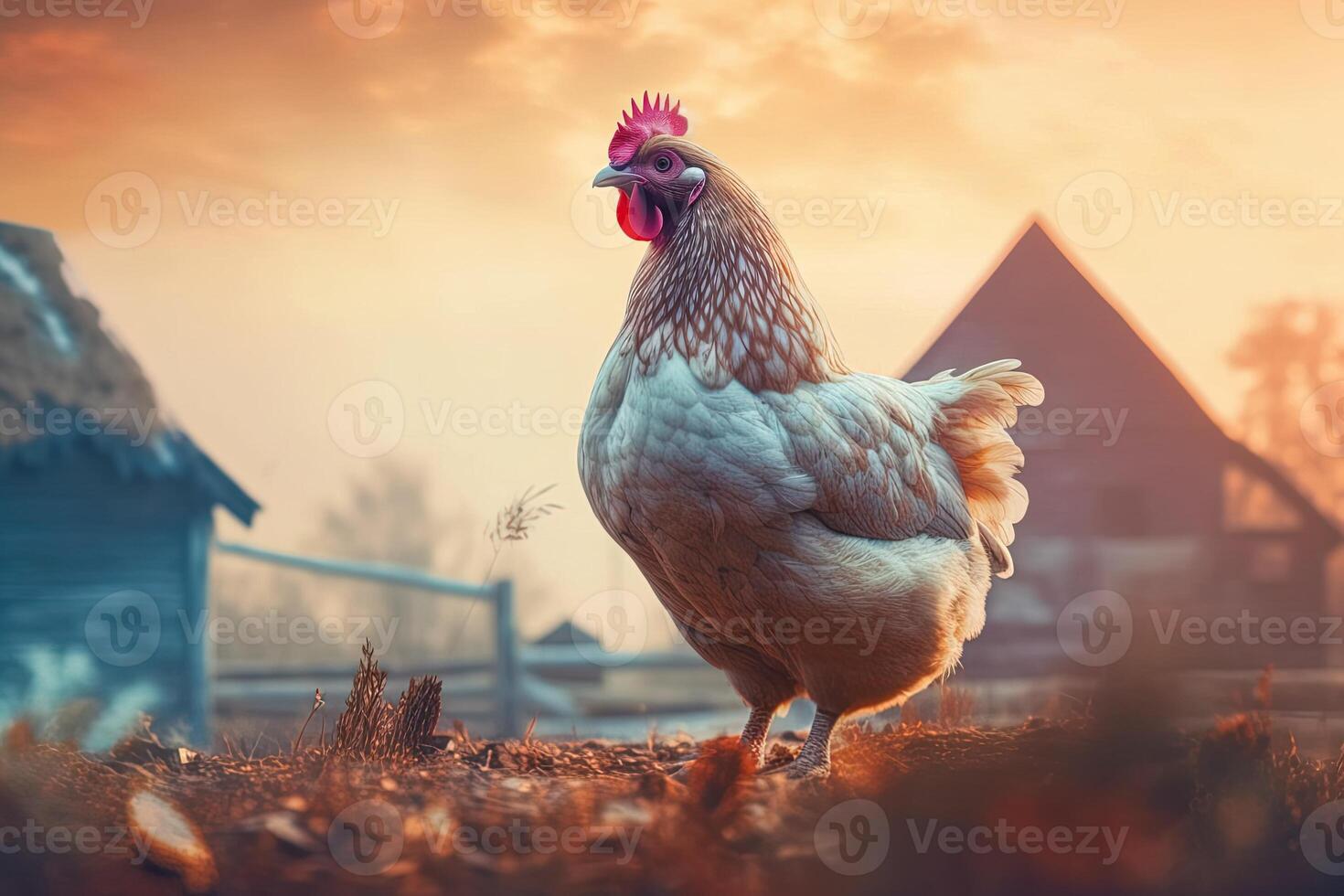 white free range chicken stands on a farm, blurred background, photo