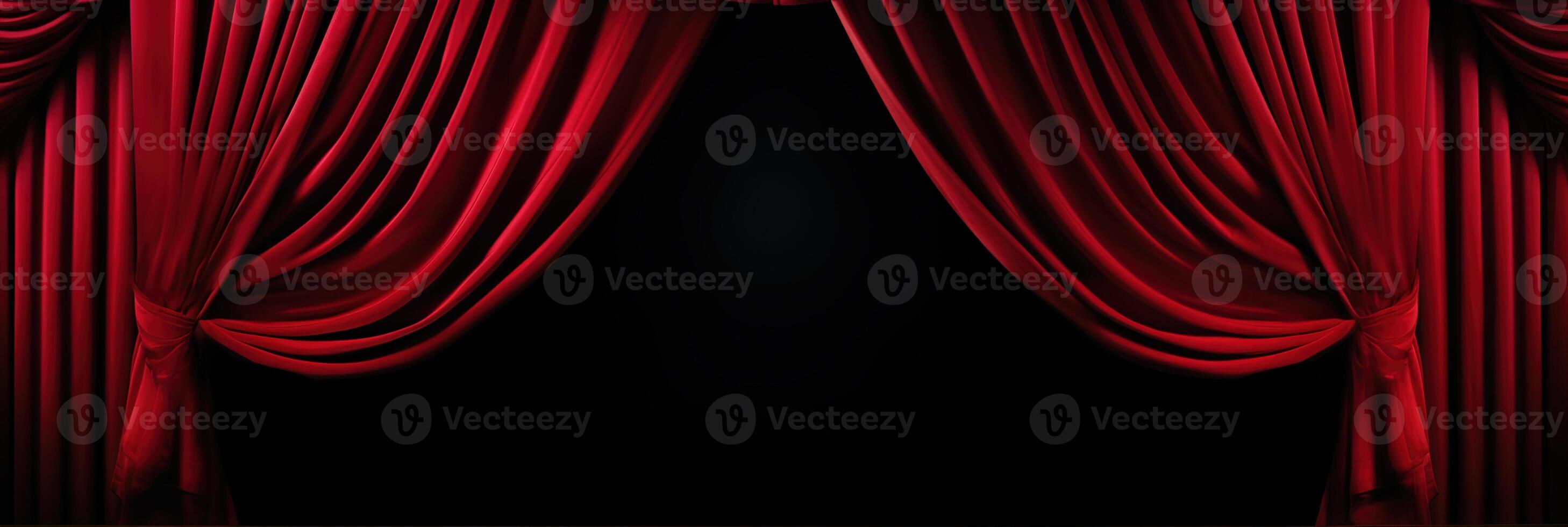 banner empty elegant scene black background with classic red curtain slightly ajar on stage of theater or cinema photo