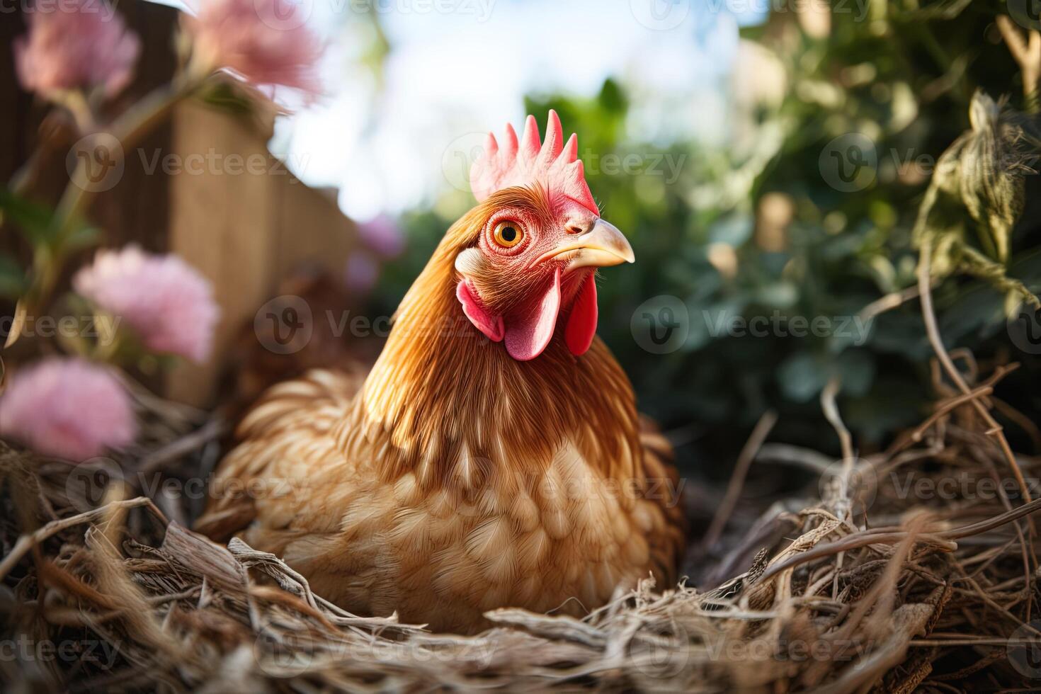 close up of a cute brown hen sitting in a nest surrounded by flowers on a blurred background photo
