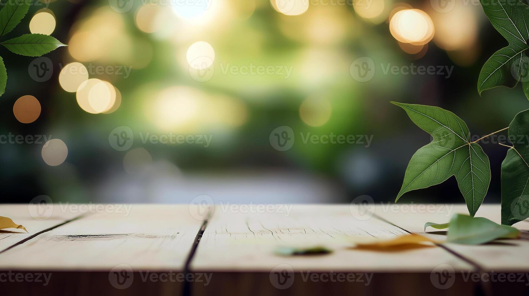 wooden table surrounded by greenery close-up, place for advertising and inscriptions, empty table surface surrounded by greenery, rustic natural style, mockup for advertising photo