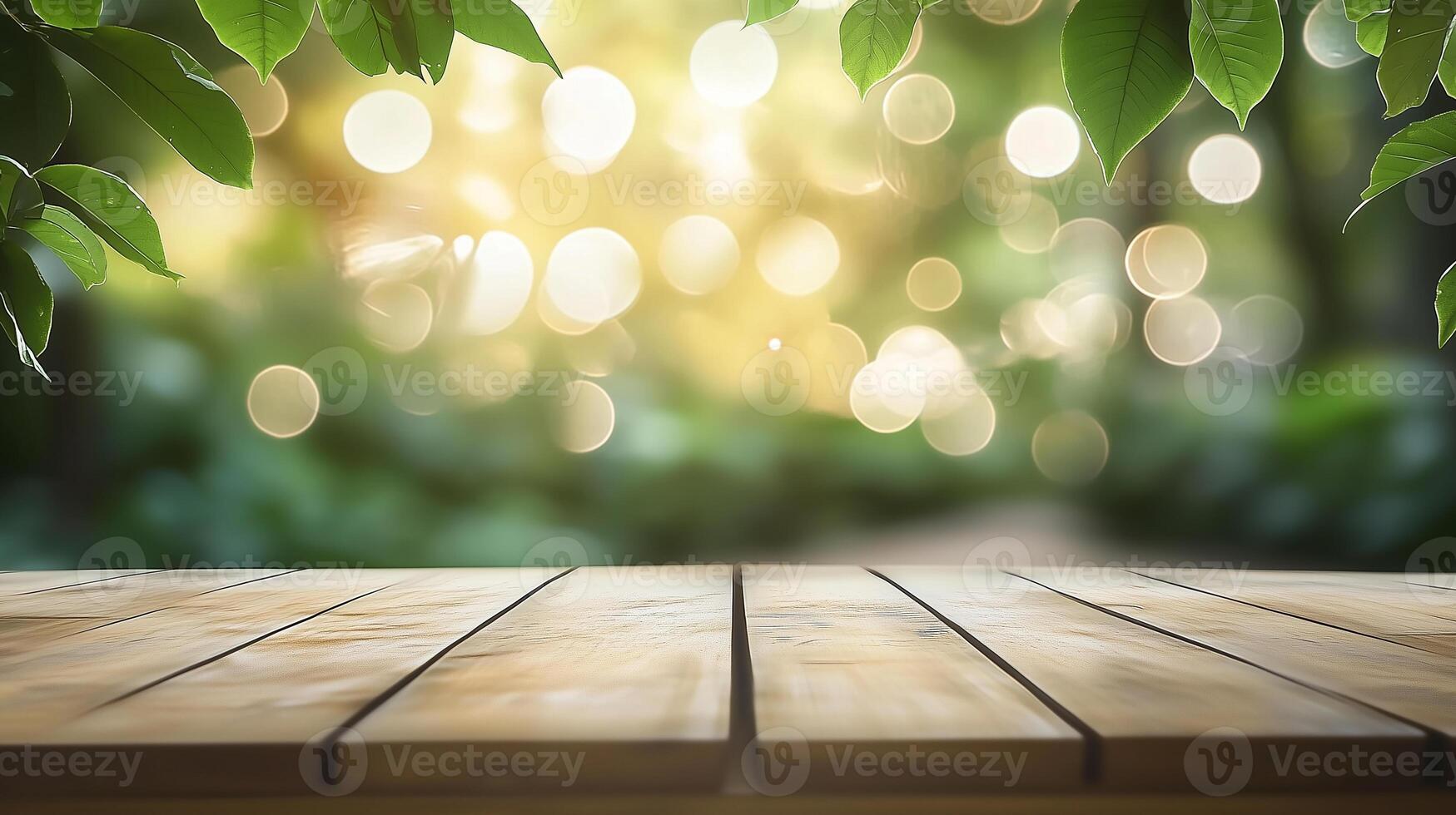 wooden table surrounded by greenery close-up, place for advertising and inscriptions, empty table surface surrounded by greenery, rustic natural style, mockup for advertising and design photo