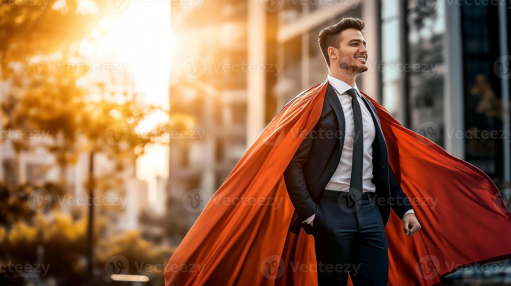 confident businessman manlike a superman in a suit and with a red cape, personifies business always ready to help solve the problem photo