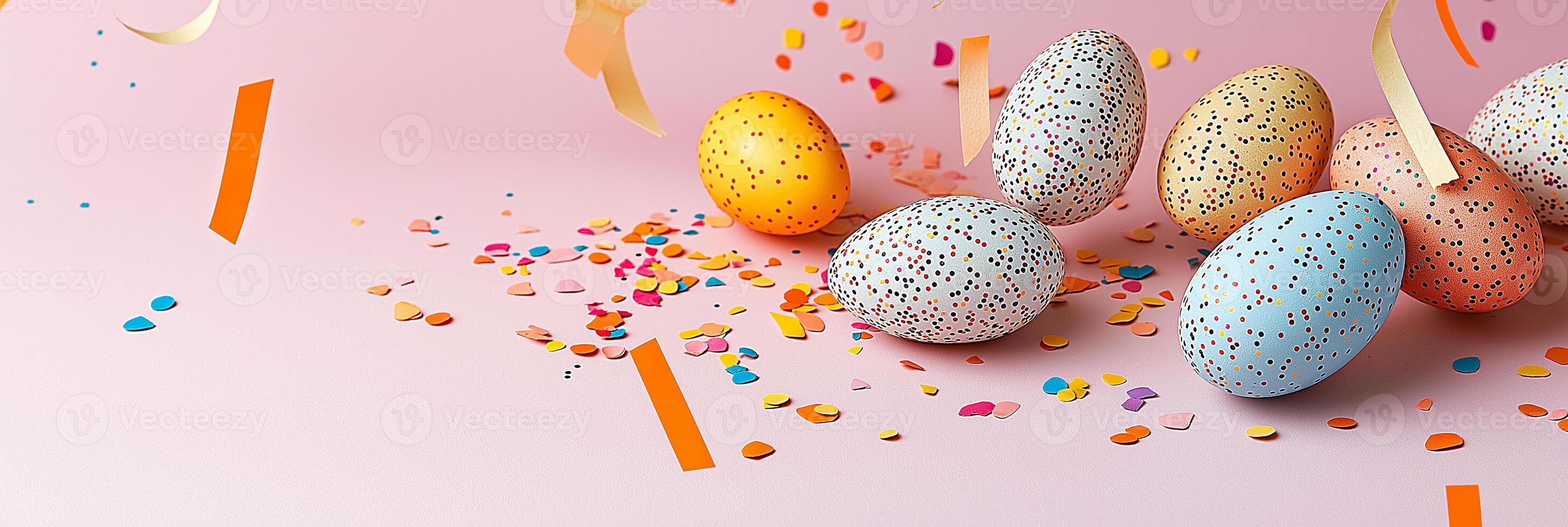 widescreen image banner of painted easter eggs and colored migraine on bright plain background, easter photo
