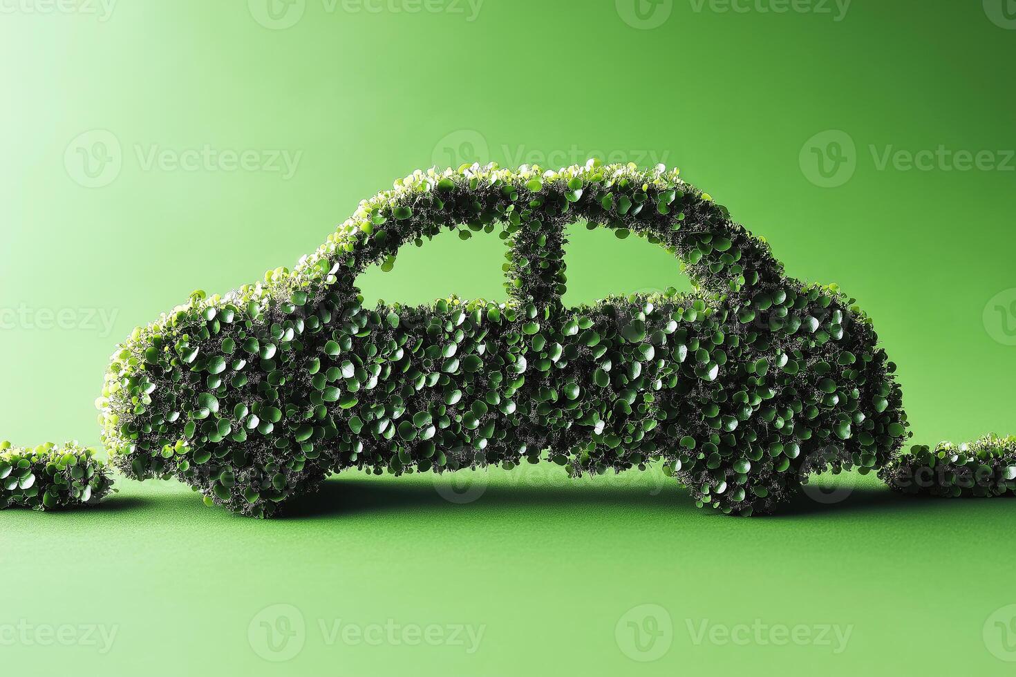 eco friendly transport concept, abstract image of eco friendly car green grass laid out in the background of the car on a plain green background photo