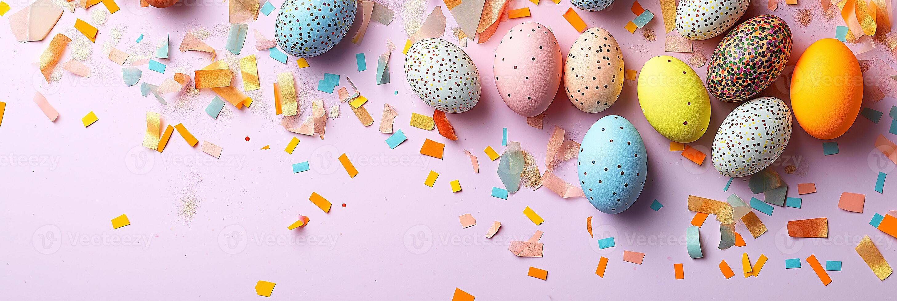 widescreen image banner of painted easter eggs and colored migraine on bright plain background photo
