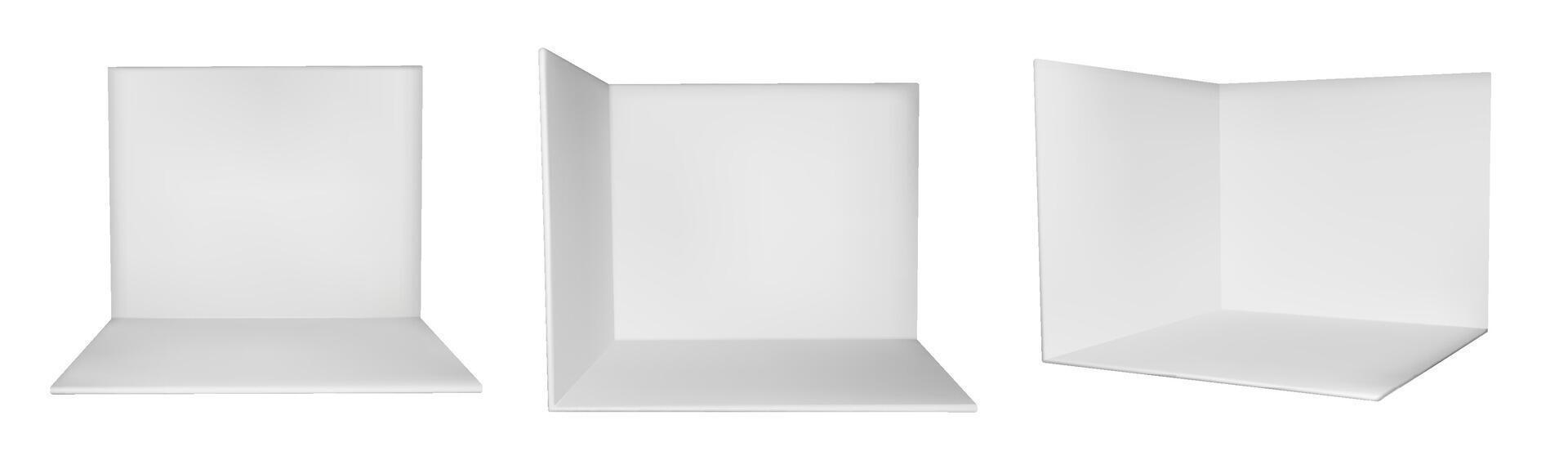3d corner booth stand room in white design. Tradeshow perspective cube box on background. Showroom interior for presentation. Exhibit section on trade show. Kiosk stage isolated view in vector