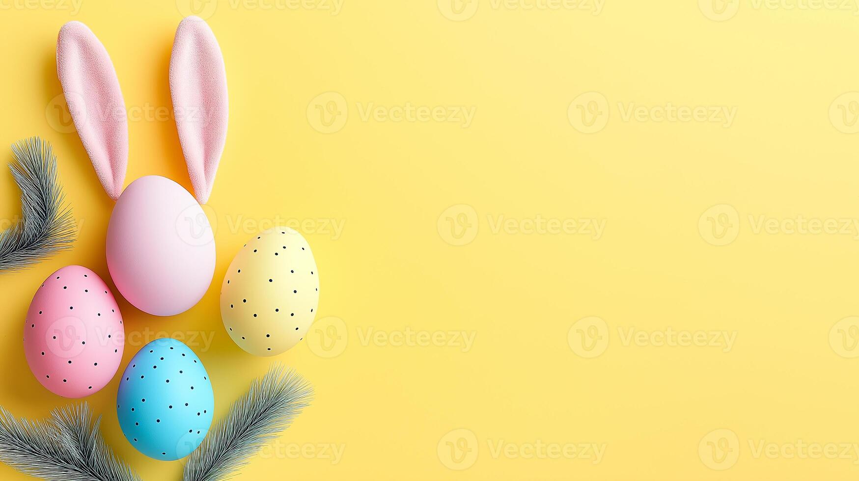 colorful easter eggs and feathers on yellow background photo