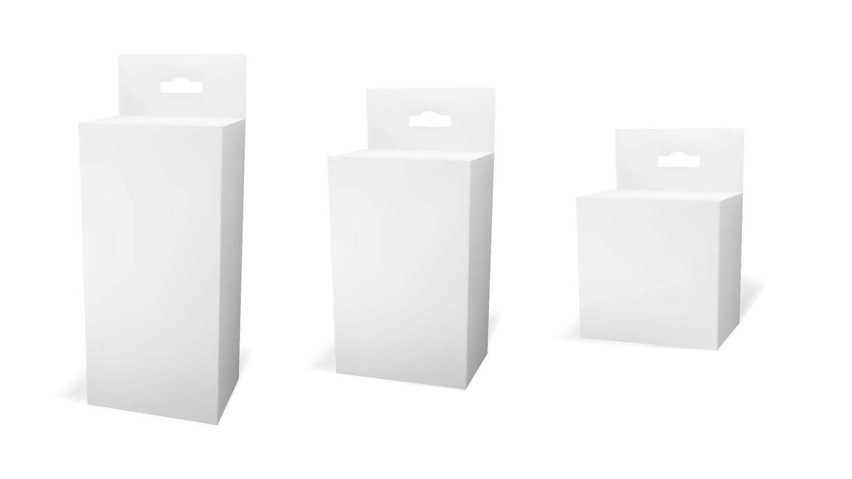 3d white box mockup for rectangle product. Blank carton medicine pack mock up. Cosmetic paper tab with hanger front and side view. Dummy packaging set of three for cream. Paperboard template. vector